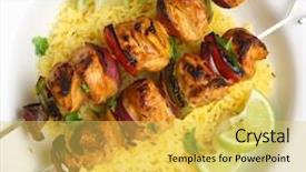  Presentation with served - Beautiful slide set featuring kebabs served with pilau rice backdrop and a yellow colored foreground