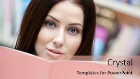  Presentation with library - Colorful PPT layouts enhanced with keep calm - female student reads the book backdrop and a coral colored foreground