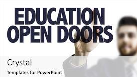  Presentation with open doors keys - Beautiful theme featuring keep educating yourself - business man pointing the text backdrop and a white colored foreground