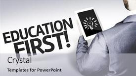  Presentation with first - Audience pleasing PPT theme consisting of keep educating yourself - business man with the text backdrop and a  colored foreground