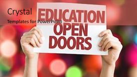  Presentation with open door policy health care - PPT theme consisting of keep educating yourself - education open doors card background and a coral colored foreground