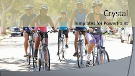  Presentation with street - Theme enhanced with keep fit - group of cyclists on suburban background and a soft green colored foreground