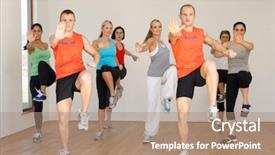  Presentation with elderly people and exercise - Colorful presentation design enhanced with two beautiful girls with long blond straight hair and bright makeup over grey background closeup studio beauty shot backdrop and a coral colored foreground