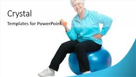  Presentation with senior fitness - Slides with keep fit - happy senior woman making fitness background and a white colored foreground