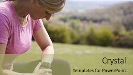  Presentation with activity - Theme consisting of keep fit - mature woman checking activity tracker background and a mint green colored foreground