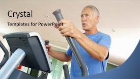  Presentation with man on train - PPT theme enhanced with keep fit - senior man on cross trainer background and a soft green colored foreground