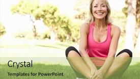  Presentation with park - Beautiful presentation theme featuring keep fit - senior woman resting after exercising backdrop and a mint green colored foreground