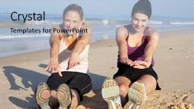  Presentation with women - Cool new PPT theme with keep fit - two women exercising on beach backdrop and a  colored foreground