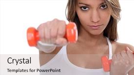  Presentation with weight loss woman showing - Presentation featuring keep fit - woman using weights background and a  colored foreground