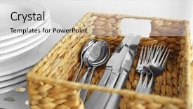  Presentation with cutlery - Audience pleasing PPT layouts consisting of keep kitchen clean tidy - cutlery in wicker basket backdrop and a light gray colored foreground