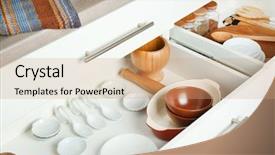  Presentation with different - Slide set featuring keep kitchen clean tidy - drawers with different kitchenware background and a  colored foreground