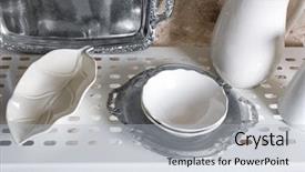  Presentation with tableware - Presentation theme consisting of keep kitchen clean tidy - storage stand with tableware indoors background and a  colored foreground