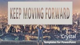 Presentation with keep moving forward - PPT theme having keep moving forward words on blank board hold by a young girl in the outdoor background and a gray colored foreground