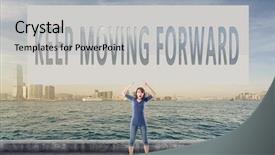  Presentation with keep moving forward - Slide set consisting of keep moving forward words on blank board hold by a young girl in the outdoor background and a light gray colored foreground