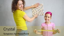  Presentation with displaying a happy mother cudd - Presentation design having keep quality - happy daughter helps her mother background and a  colored foreground