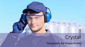  Presentation with hearing - Cool new presentation design with keep quality - male worker with headphones outdoors backdrop and a light blue colored foreground