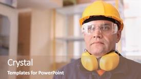  Presentation with worker safety - PPT theme enhanced with keep quality - male worker with hearing protectors background and a coral colored foreground