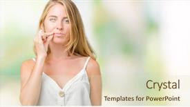  Presentation with lips mouth - Amazing presentation theme having keep quiet - beautiful young woman over isolated backdrop and a soft green colored foreground