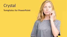  Presentation with lips mouth - Amazing presentation theme having keep quiet - beautiful young woman wearing oversize backdrop and a yellow colored foreground