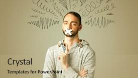  Presentation with mouth - Presentation enhanced with keep quiet - young man with taped mouth background and a coral colored foreground