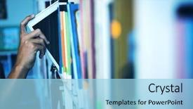  Presentation with digital library - Audience pleasing PPT layouts consisting of keeping digital tablet in bookshelf backdrop and a light blue colored foreground