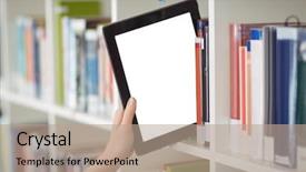  Presentation with digital library - Amazing slide deck having keeping digital tablet in bookshelf backdrop and a coral colored foreground