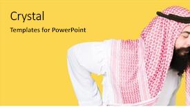  Presentation with long hair man - Amazing slide set having keffiyeh scarf suffering of backache backdrop and a yellow colored foreground