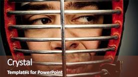  Presentation with blue eyes technology close up - Cool new presentation with kendo - face closeup in kedno helmet backdrop and a tawny brown colored foreground