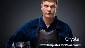  Presentation with sword - PPT theme consisting of kendoka with helmet in hand background and a wine colored foreground