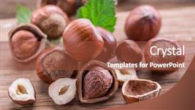  Presentation with wooden board empty table top - Colorful theme enhanced with kernel - hazelnuts and hazelnut leaves backdrop and a red colored foreground
