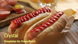  Presentation with dogs - Slides with ketchup - hot dogs on wooden background background and a tawny brown colored foreground