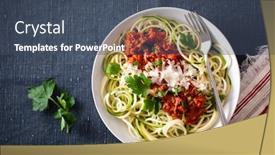  Presentation with keto - Audience pleasing slide set consisting of keto paleo zoodles bolognese zucchini noodles with meat sauce and parmesan backdrop and a ocean colored foreground