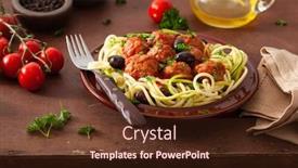  Presentation with noodles - Audience pleasing presentation design consisting of keto paleo zoodles zucchini noodles with meatballs and olives backdrop and a wine colored foreground