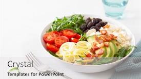  Presentation with feta cheese - PPT theme having ketogenic lunch bowl spiralized courgette with avocado tomato feta cheese olives bacon background and a lemonade colored foreground