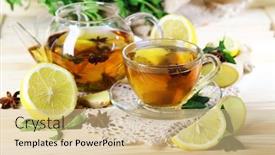  Presentation with table napkin - Colorful presentation design enhanced with kettle and cup of tea with ginger on napkin on wooden table on bright background backdrop and a coral colored foreground