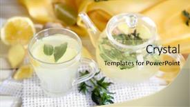  Presentation with table napkin - Cool new PPT layouts with kettle and cup of tea with ginger on napkin on wooden table backdrop and a blonde colored foreground