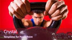  Presentation with workout - Presentation featuring kettlebell man portrait looking through the handle ring at gym workout background and a tawny brown colored foreground