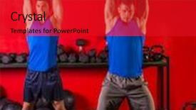  Presentation with group training - Colorful presentation enhanced with kettlebell swing workout training group at gym with red wall backdrop and a crimson colored foreground