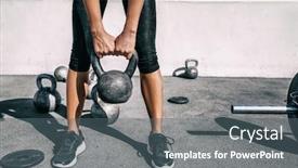  Presentation with training - Colorful slide set enhanced with kettlebell-weightlifting-athlete-woman-lifting backdrop and a gray colored foreground