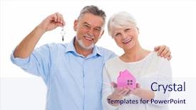  Presentation with moving - PPT theme featuring key achievement - mature couple moving house background and a light blue colored foreground