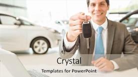  Presentation with car body repairer holding - Slide deck consisting of key at new car showroom background and a soft green colored foreground