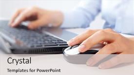  Presentation with computer - PPT theme enhanced with key board - hands of business woman background and a light gray colored foreground