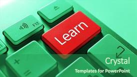  Presentation with learn - Amazing PPT layouts having key business skills - close up of learn keyboard backdrop and a ocean colored foreground