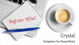  Presentation with cup coffee - Colorful PPT layouts enhanced with key business skills - register now written in notebook backdrop and a white colored foreground