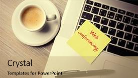  Presentation with cup coffee - Slides consisting of key business skills - web conferencing written on sticky background and a coral colored foreground