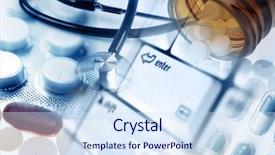  Presentation with pills - Slide set enhanced with key drugs - stethoscope and pills on keyboard background and a sky blue colored foreground
