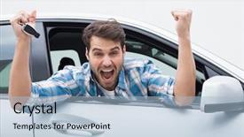  Presentation with sleepy yawning man driving car - PPT theme consisting of key happiness - young man smiling and cheering background and a light blue colored foreground