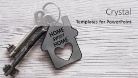  Presentation with house key - Theme having key house with tag text home sweet home on wood background background and a light gray colored foreground