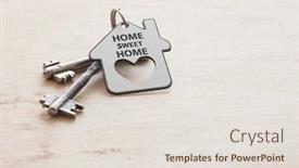  Presentation with house key - Presentation design enhanced with key house with tag text home sweet home on wood background background and a lemonade colored foreground