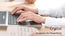  Presentation with human - PPT layouts consisting of key individual - human hands doing some computer background and a  colored foreground